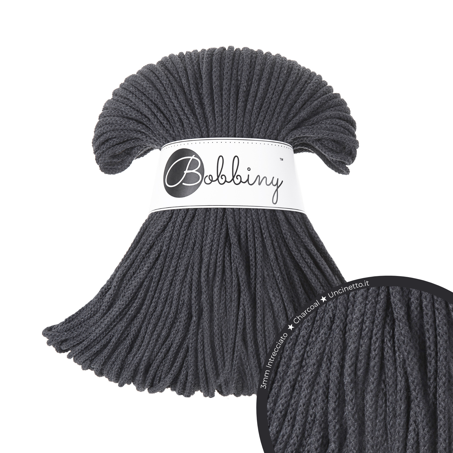 Bobbiny Intrecciato 3mm JUNIOR - Charcoal (Grigio Antracite)