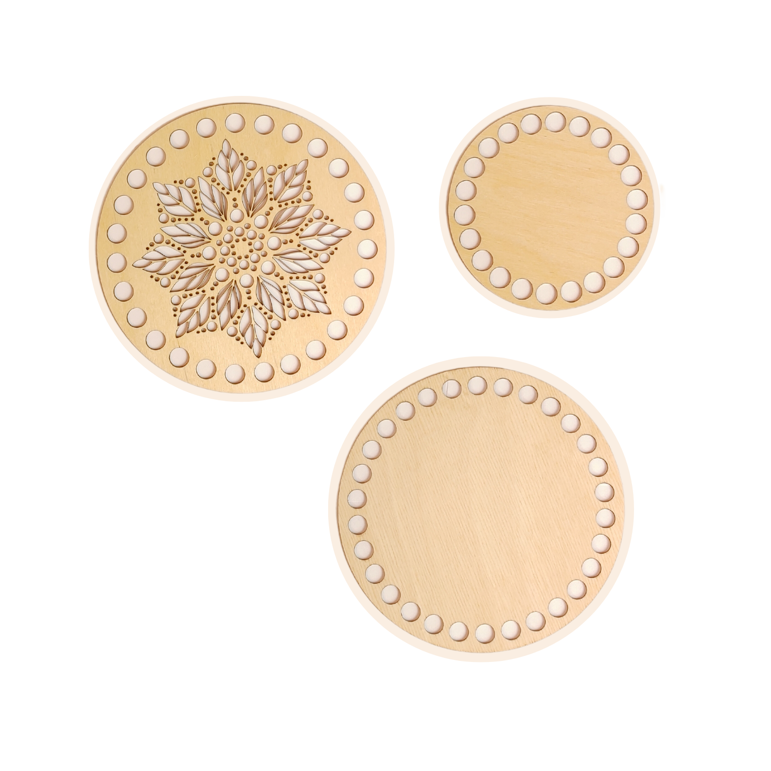Set 2+1 Fondi per cestino all'uncinetto in legno naturale – Rotondi Ø 15 cm e Ø 10 cm