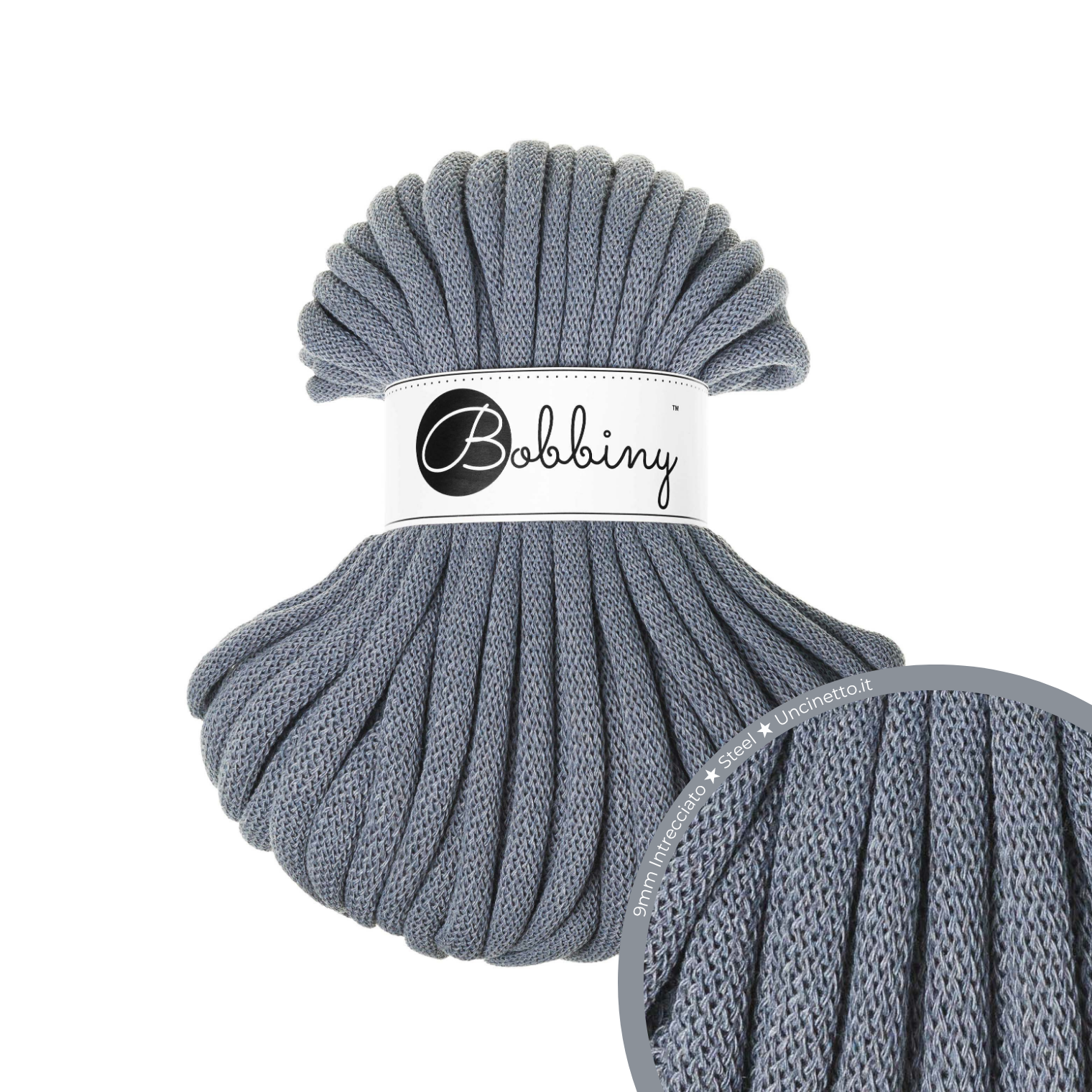 30 Metri - Bobbiny Intrecciato 9mm JUMBO - Steel (Acciaio)