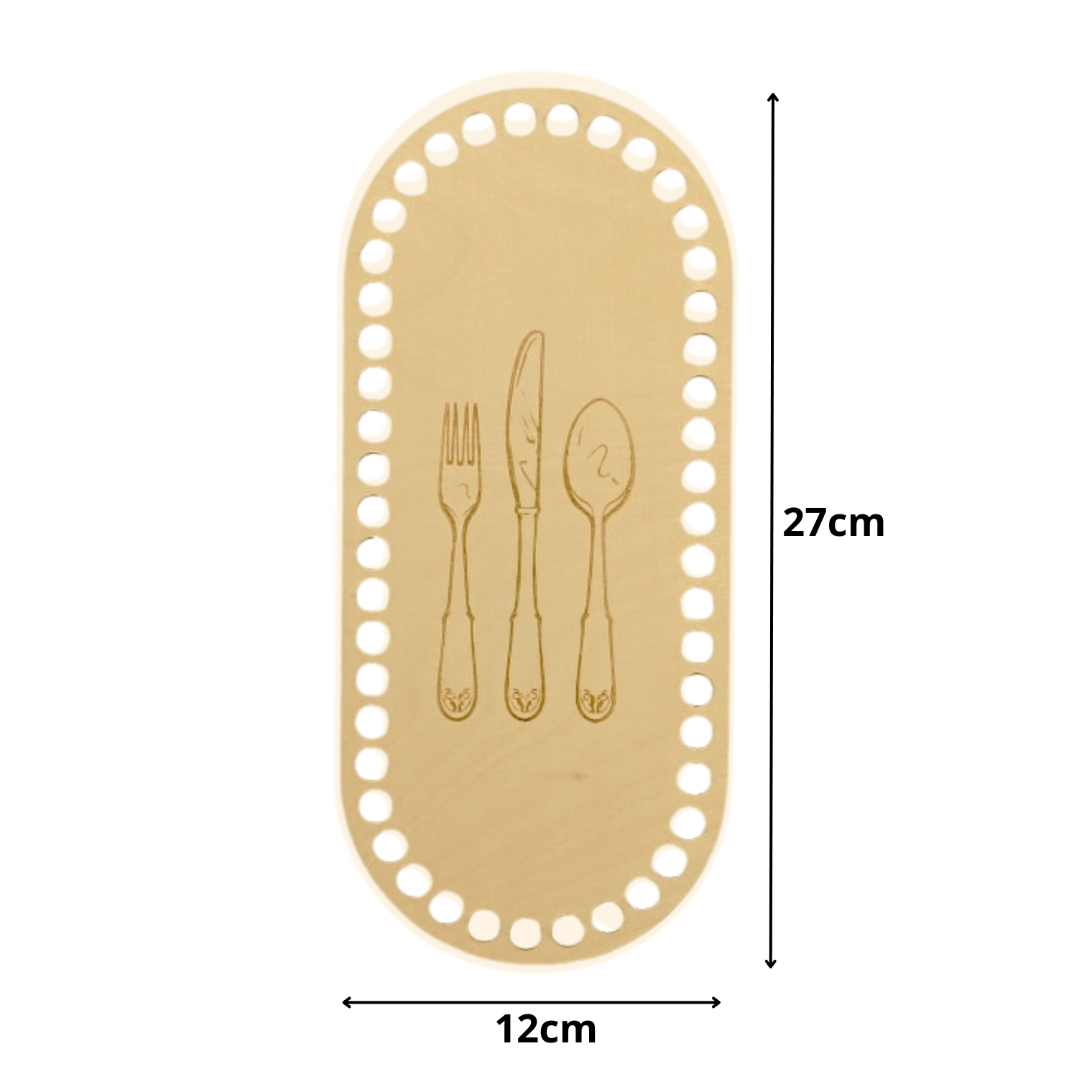 Fondo per cestino all'uncinetto ovale in legno 27x12 cm con motivo posate per pane e tavola