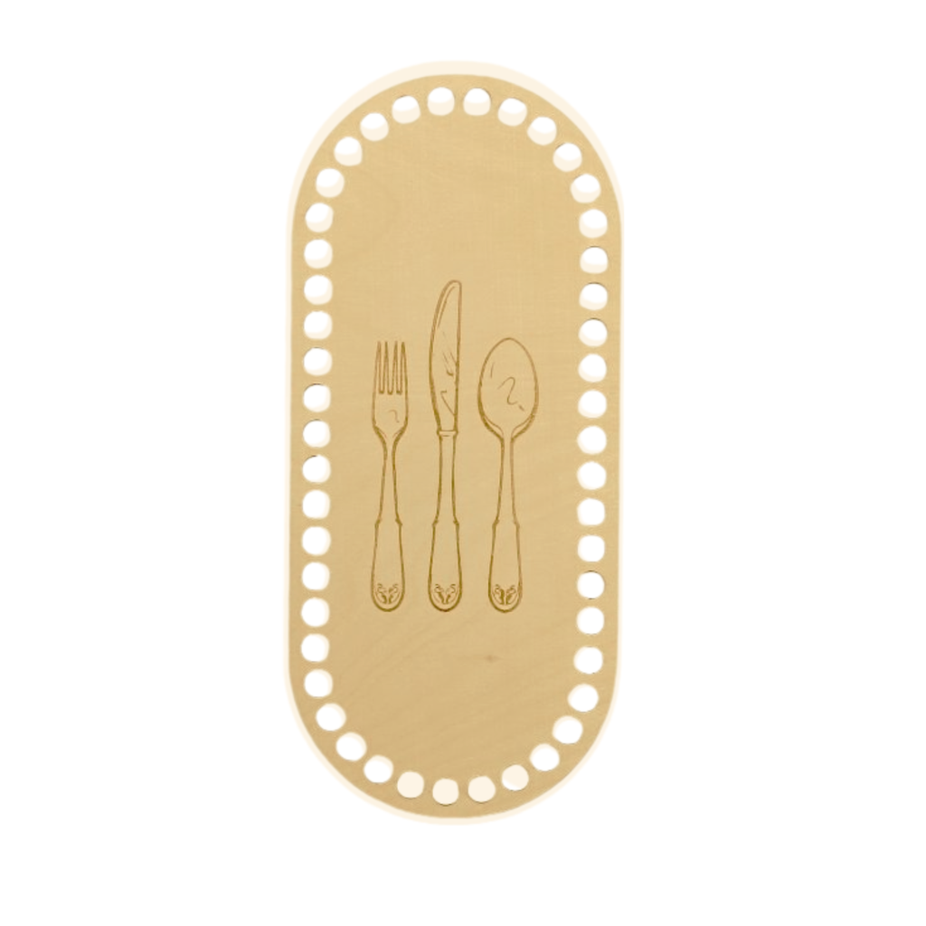 Fondo per cestino all'uncinetto ovale in legno 27x12 cm con motivo posate per pane e tavola